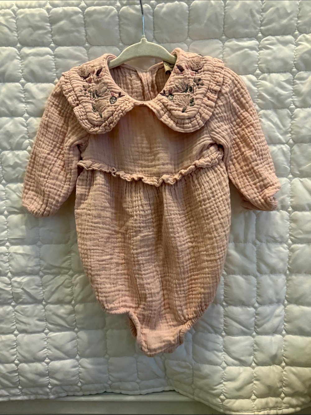 Embroidered Collar Quilted Baby One-Piece in Light Pink